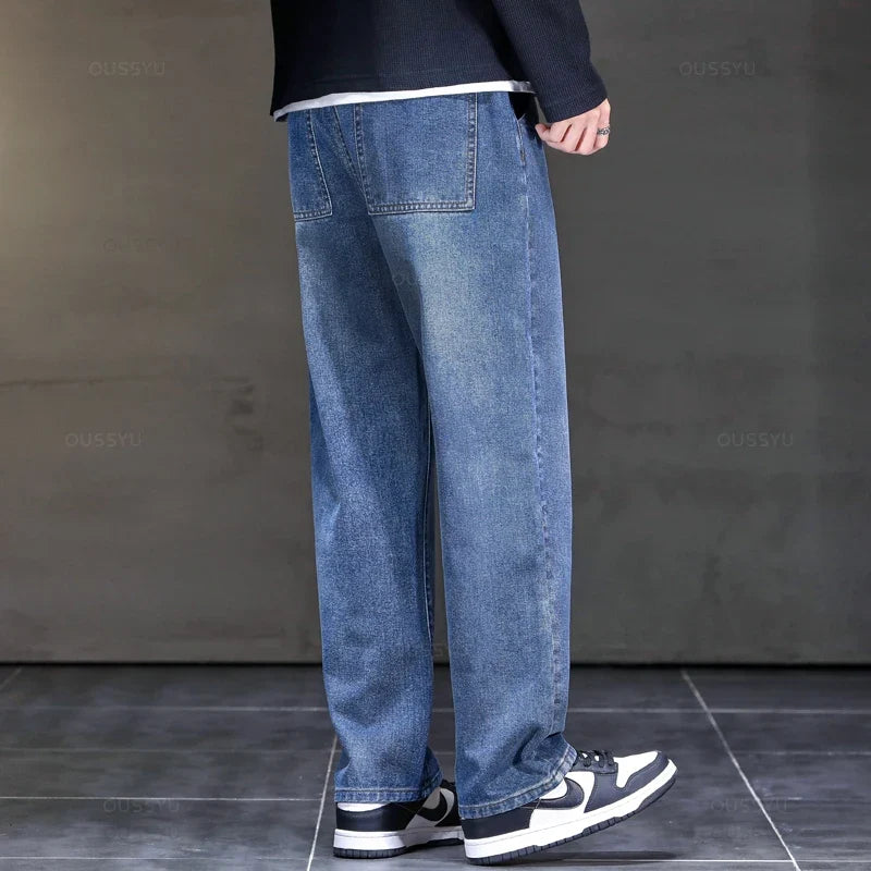 2025 New Autumn Winter Jeans Men Loose Straight Drawstring Elastic Waist Casual Denim Trousers Male Thick Pants Large Size M-5XL
