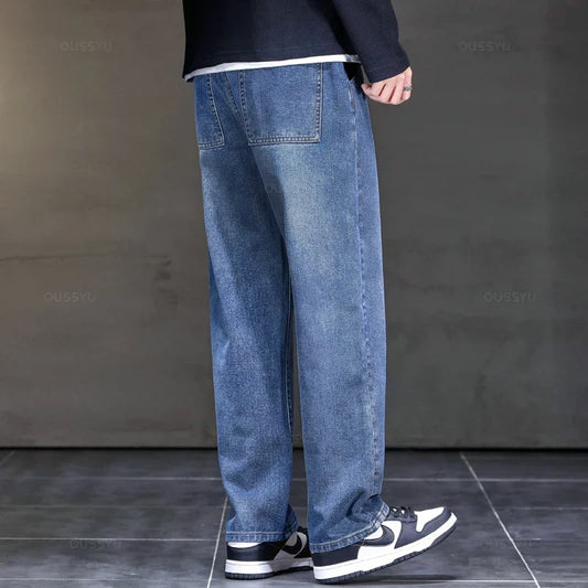 2025 New Autumn Winter Jeans Men Loose Straight Drawstring Elastic Waist Casual Denim Trousers Male Thick Pants Large Size M-5XL