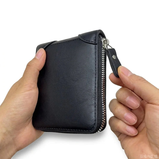 Portefeuille en Cuir Zippé pour Homme Grande Capacité Multi-cartes Porte-Monnaie et Billets avec Fenêtre d'Identification