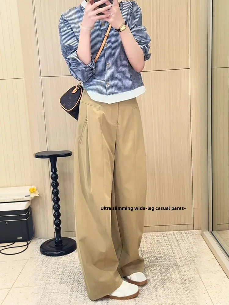 Khaki Casual Pants Women plus Size 200 Pou Loose Straight Leg High Waist Slimming Wide Leg Pants Commute Sle Korean Version