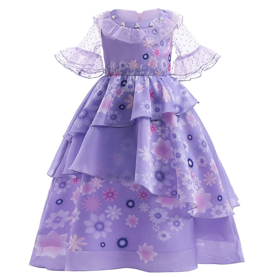 Kids Isabela Dress Children Summer Floral Swing Flared Costume Girl Encanto Cosplay Outfit Madrigal Halloween Clothes 3-12Y