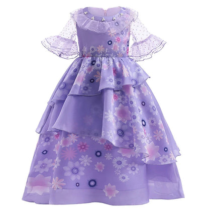 Kids Isabela Dress Children Summer Floral Swing Flared Costume Girl Encanto Cosplay Outfit Madrigal Halloween Clothes 3-12Y