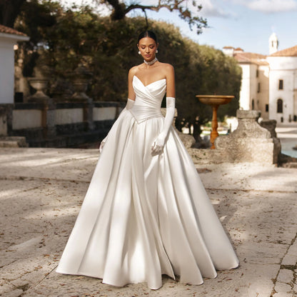 A-line Satin Wedding Dresses Pleats Bride Gown Backless Bride Dresses Bridal Dress Customized For Women Party Bride Dress
