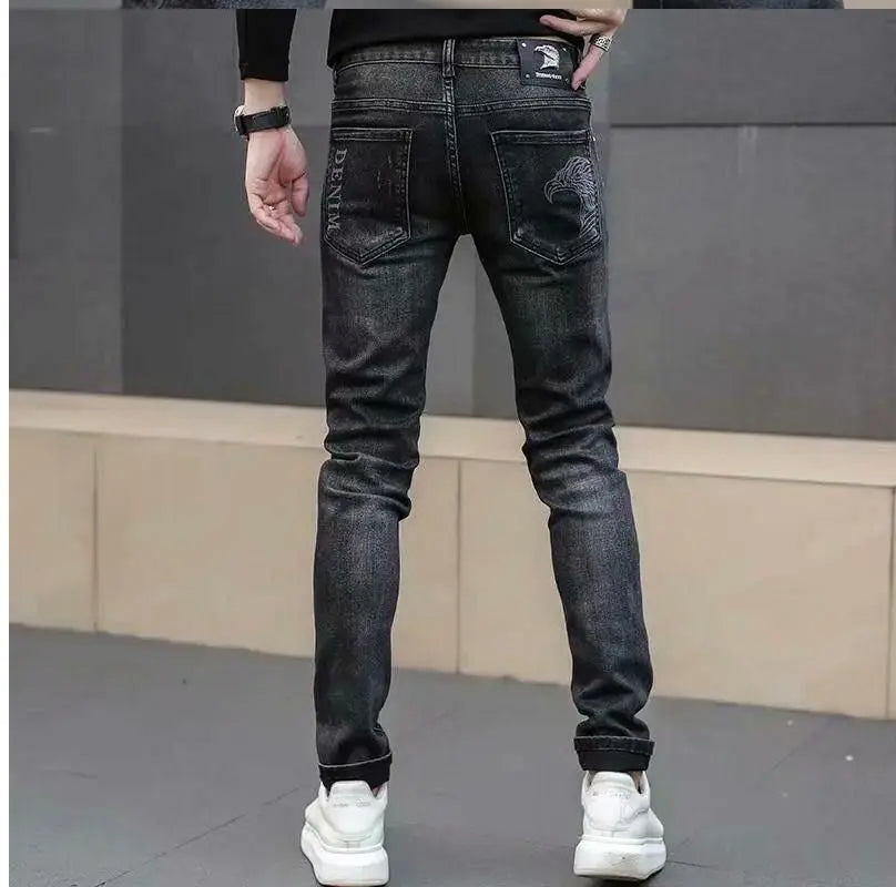 High End Stylish Classic Distinctive Printed Black Stretch Denim Jeans for Men High Quality Slim Fit Stretch Luxury Denim Pants