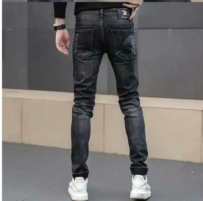 High End Stylish Classic Distinctive Printed Black Stretch Denim Jeans for Men High Quality Slim Fit Stretch Luxury Denim Pants