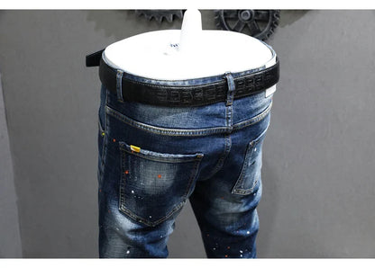 Fashion Designer Men Jeans Retro Blue Stretch Slim Fit Painted Ripped Jeans Men Korean Style Vintage Casual Denim Pants Hombre