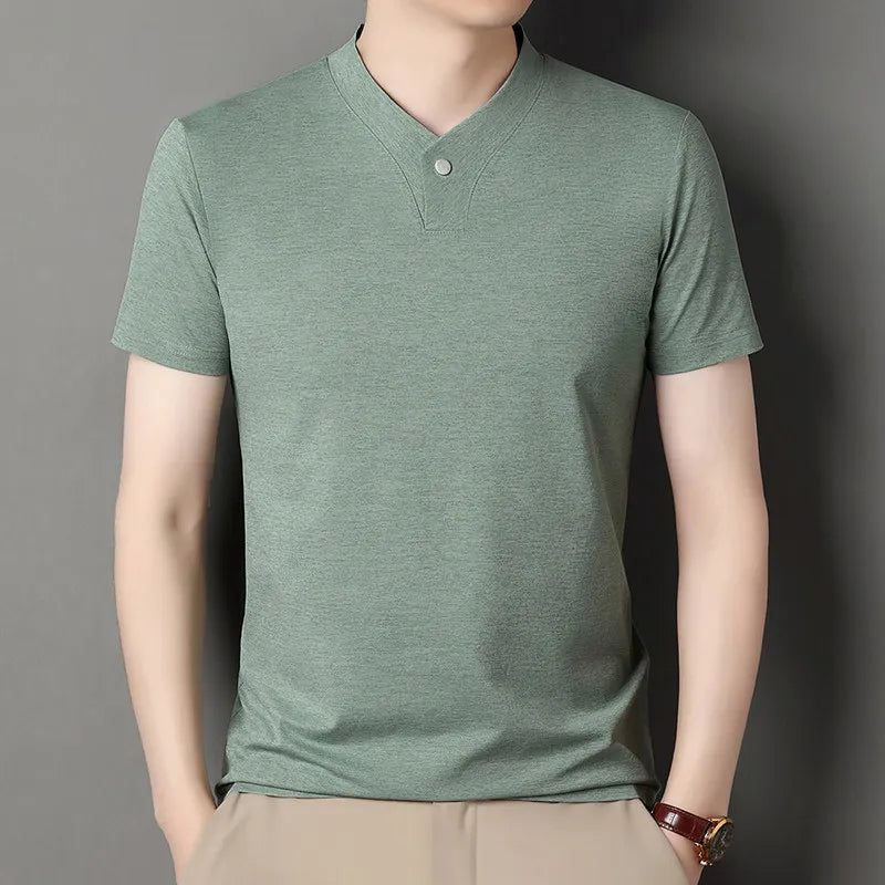 2026 Korean Style Men's Casual and Fashionable One Button V-neck Solid Color Short Sleeved T-shirt Summer Versatile Top