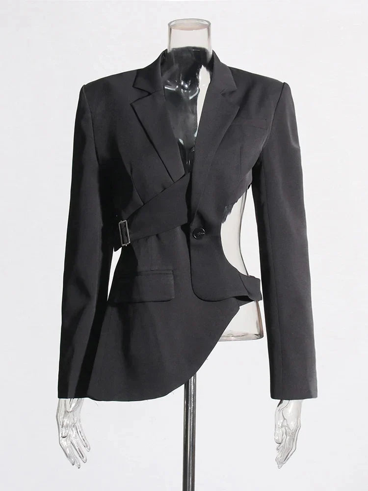 Solid Hollow Out Backless Slimming Blazers For Women Notched Collar Long Sleeve Spliced Button Blazer Female New