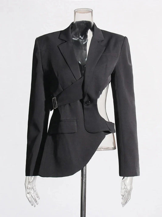 Solid Hollow Out Backless Slimming Blazers For Women Notched Collar Long Sleeve Spliced Button Blazer Female New