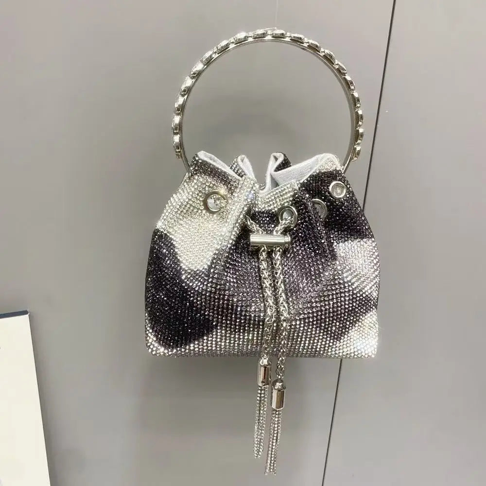 Rhinestones Diamond Evening Clutch Bag Luxury Designer Metal Ring Women's Handbag Wedding Party Bling Bucket Purse Shoulder Bag