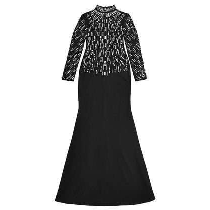 Temperament Elegant Party Diamond Pearl Long Bodycon Dress Women O Neck Long Sleeve Glitter Club Evening Black Sheath Maxi Dress
