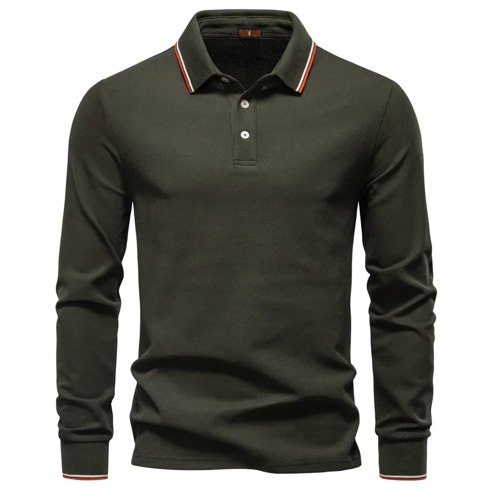 Men's Henley Neck Polo Shirt Cotton Solid Color Long Sleeve Autumn Winter Premium Luxury Mens Top