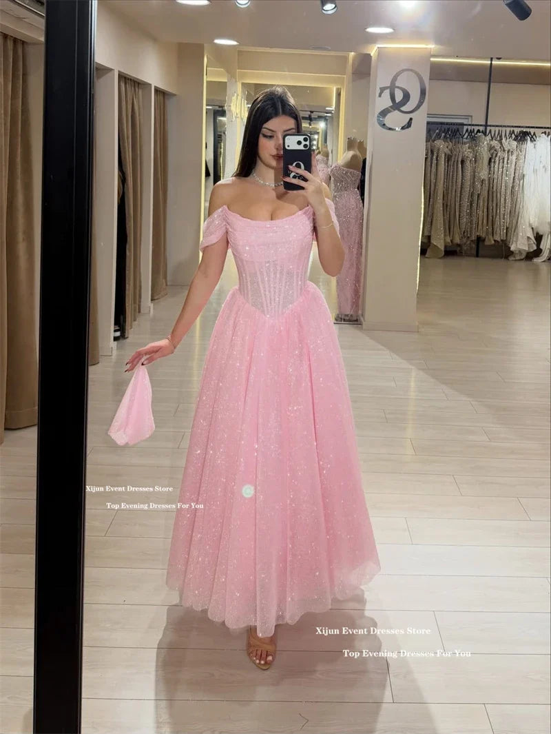 Xijun Glitter Pink Evening Dresses Off The Shoulder A-Line Ankle Length Prom Dresses Formal Ankle Length Prom Gowns Customized