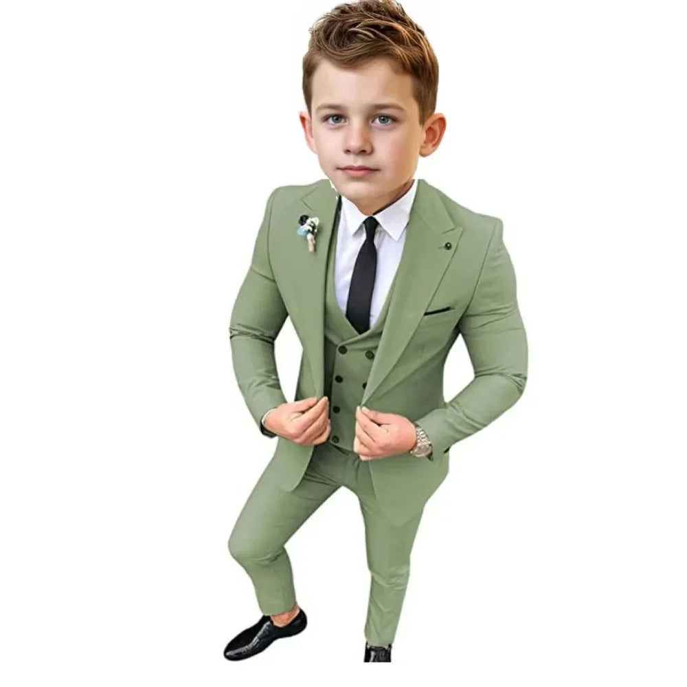 Boys Formal Slim Fit Suits 3 Pieces Holiday Celebration Outfit,Autumn Long Sleeve Kids Peak Lapel Suit Set Wedding Guest Wear