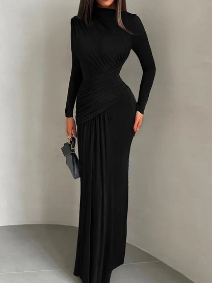 Folds Maxi Dress Women O-Neck Full Sleeve Solid Banquet Elegant Vacation Fashion Autumn Skinny Casual Simple Vestido