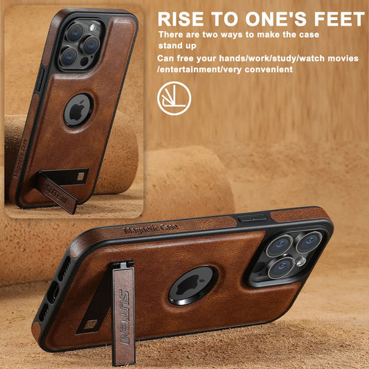 For iPhone 15 14 13 12 Pro Max Leather Case, [Compatible with Mag-safe] Built-in Invisible Stand Protective Slim Kickstand Cover
