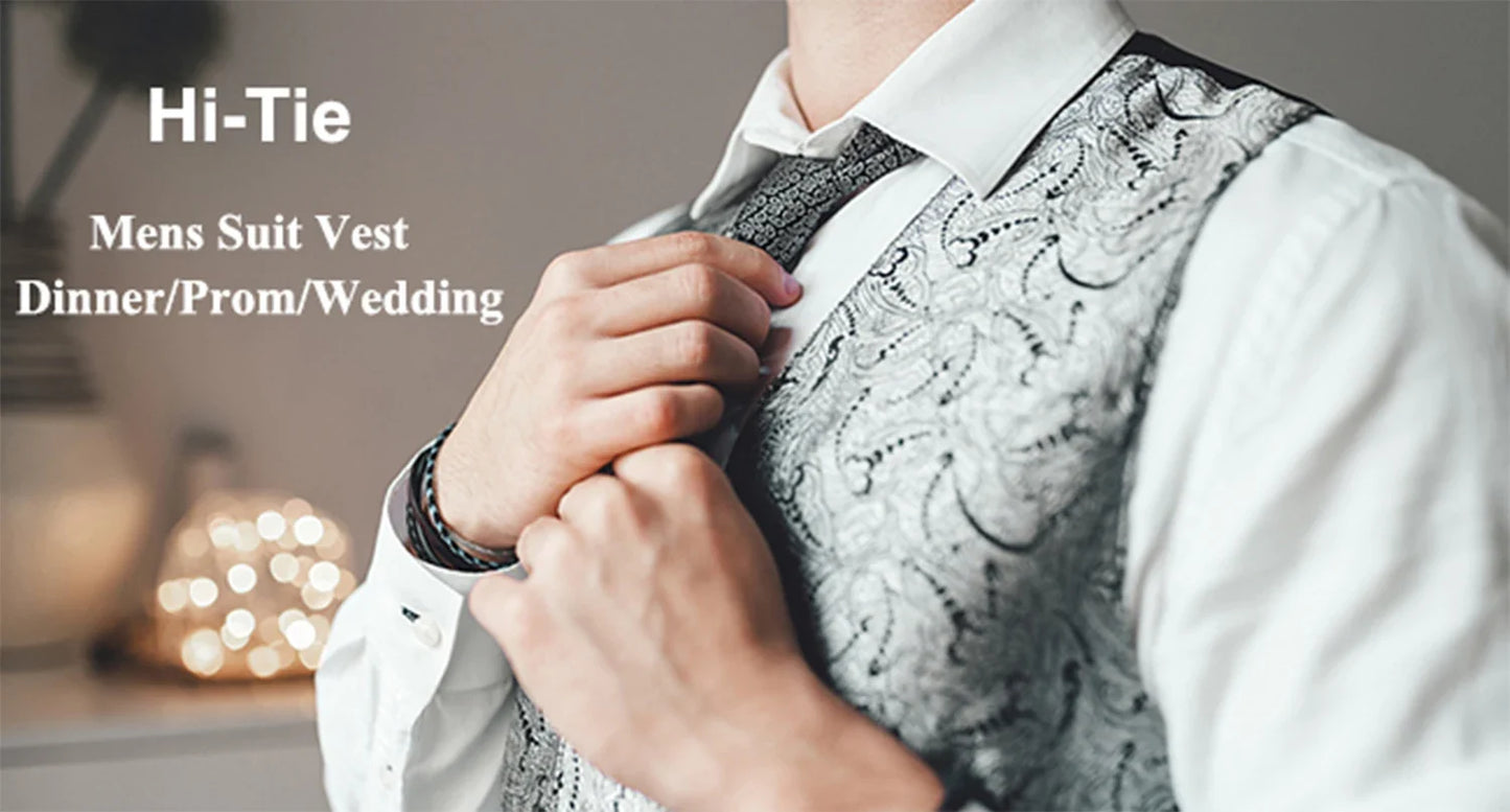 Luxury Mens Waistcoat Tie Set White Black Gray Silver Brown Sleeveless Jacket Suit Vest Necktie Hanky Cufflinks Gift