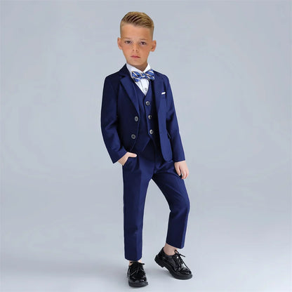 Four Pieces Navy Blue Boys Suit Set Single Breasted Jacket Pants Vest Bowtie Communion Party Tuxedo Formal wear