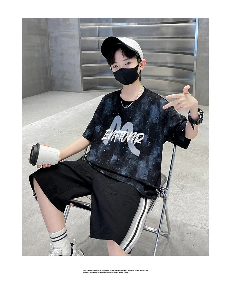 New Casual Boys Cotton Top summer Bottoms Clothes Set for Teenager Child Fashion Outfit Kids T-shirt Shorts Two Pieces Clothing