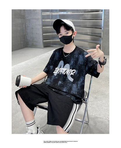 New Casual Boys Cotton Top summer Bottoms Clothes Set for Teenager Child Fashion Outfit Kids T-shirt Shorts Two Pieces Clothing