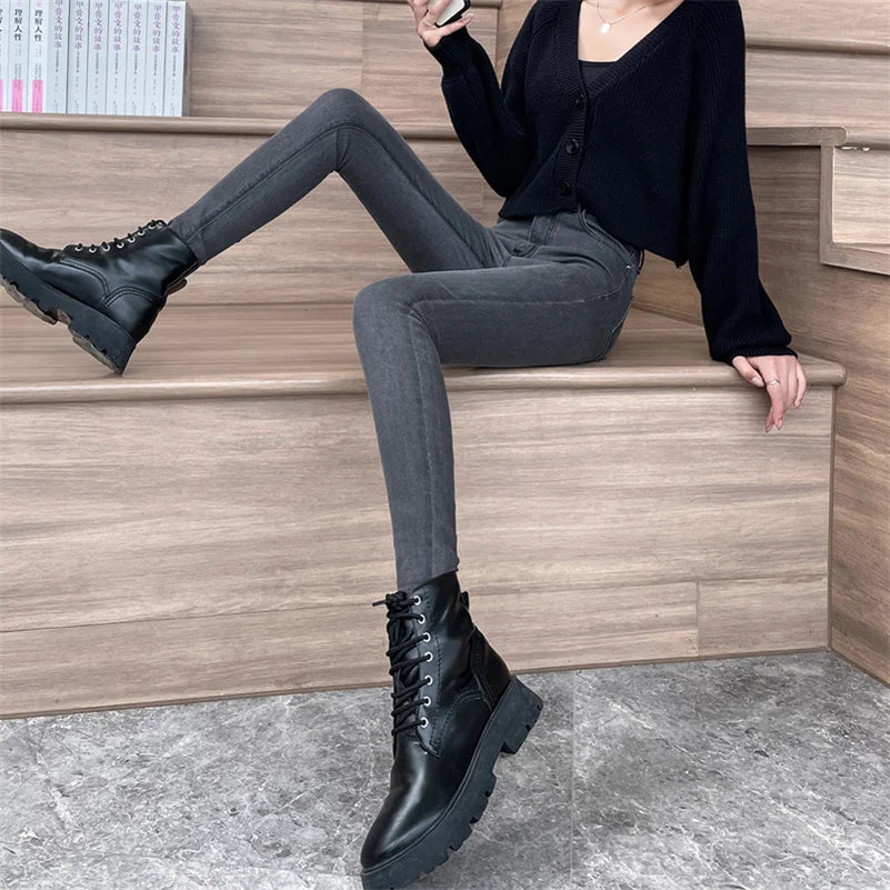 Women Stretch Jeans Lady Slim Skinny Pencil Jeans High Waist Vintage Pants Girls Leggings Straight Leg Korea Fashion Trousers