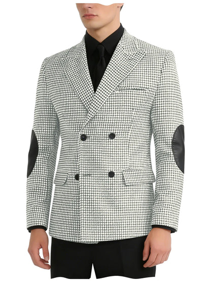 Men's Vintage Houndstooth Blazer Notch Lapel Leather Elbow Patches Slim Fit Jacket Business Casual Sport Coat For Spring Autumn
