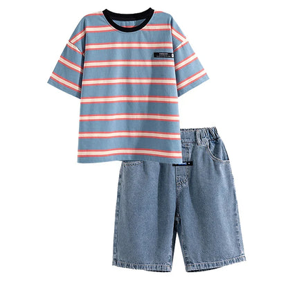 Tween Boy Summer Clothing Set Child Casual Cotton Stripe T-shirt & Denim Shorts 2 Piece Suit Teenage Kids Luxury Clothes Costume