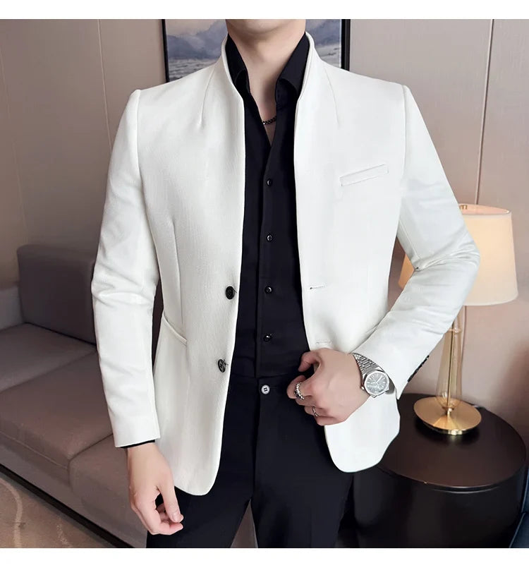 New Waffle Chinese Stand-Up Collar Blazers Men Slim Fit Business Casual Fashion Suits Jacket Formal Social Prom Party Tuxedos
