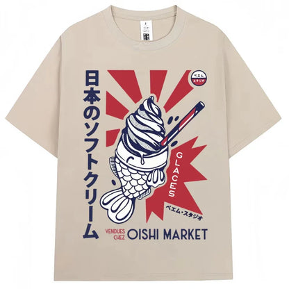 Japanese Style Hokkaido Wave Vintage T-shirt Men Women Harajuku Fashion High Quality T Shirts Oversized Cotton Summer Tee Shirt