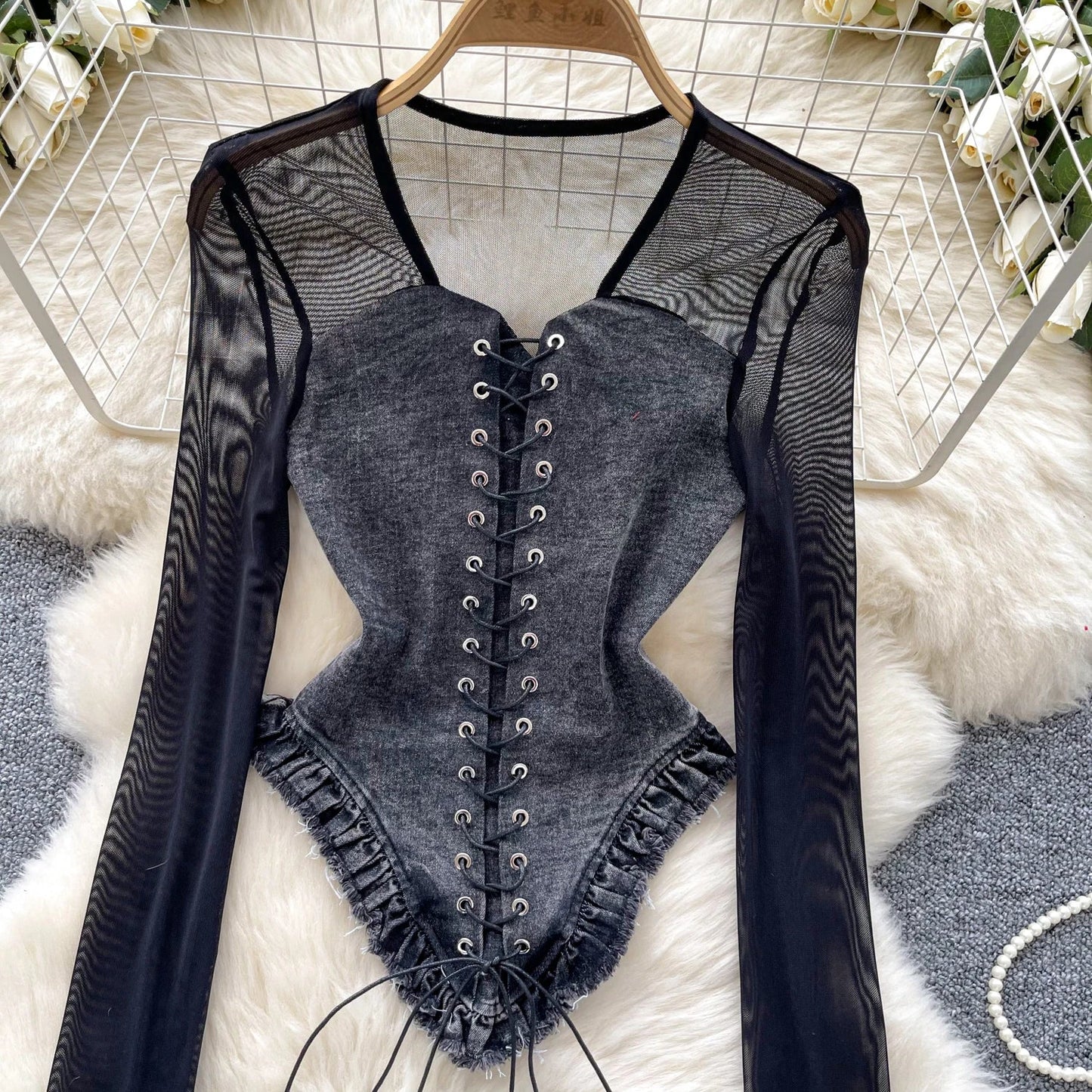 American Retro Patchwork Sexy Blouse 2024 Women Squre Neck Long Sleeves Sheer Top Streetwear Ins Lace Up Denim Shirt