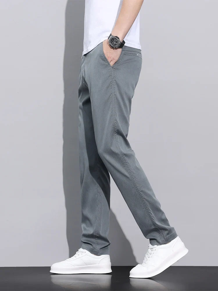 Fiber Fabric Summer Men's Casual Pants Fashion Thin Soft Breathable Elastic Business Slim Straight Trousers Black Gray