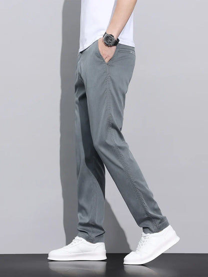 Fiber Fabric Summer Men's Casual Pants Fashion Thin Soft Breathable Elastic Business Slim Straight Trousers Black Gray