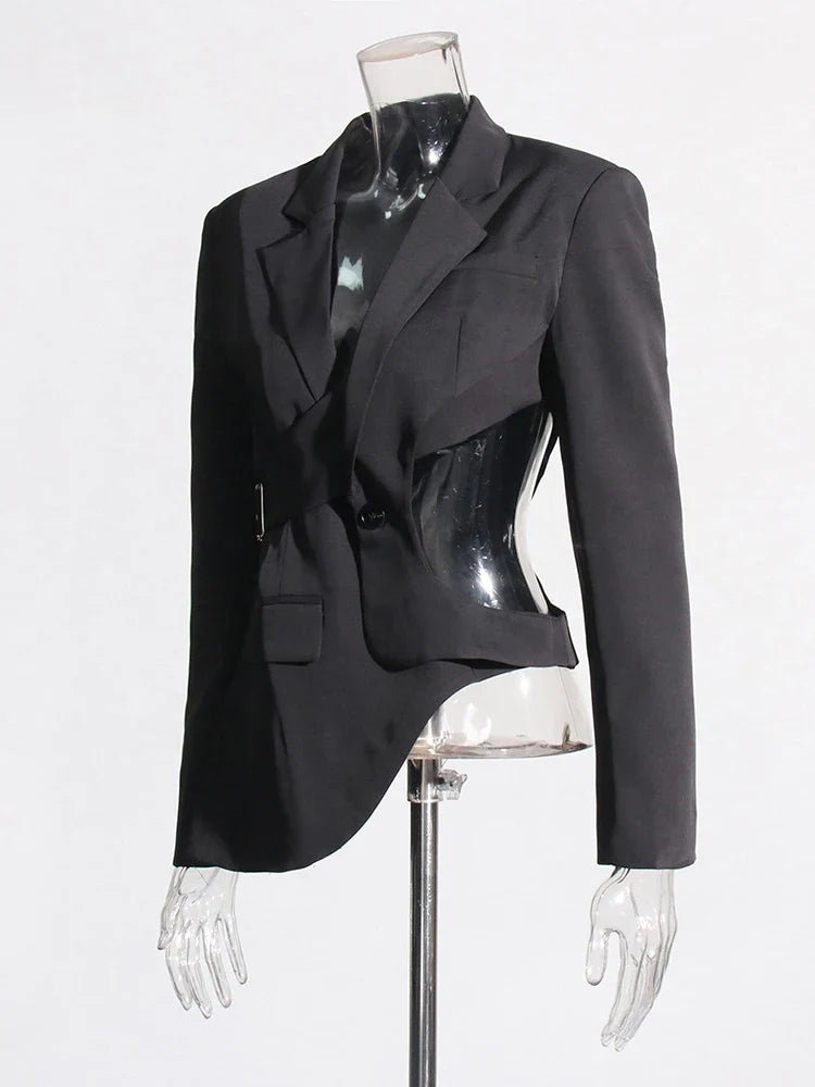 Solid Hollow Out Backless Slimming Blazers For Women Notched Collar Long Sleeve Spliced Button Blazer Female New