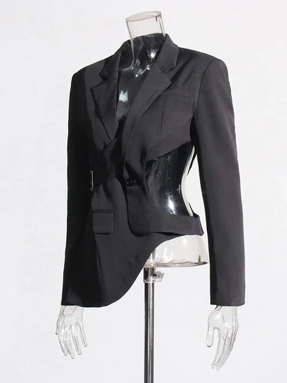 Solid Hollow Out Backless Slimming Blazers For Women Notched Collar Long Sleeve Spliced Button Blazer Female New