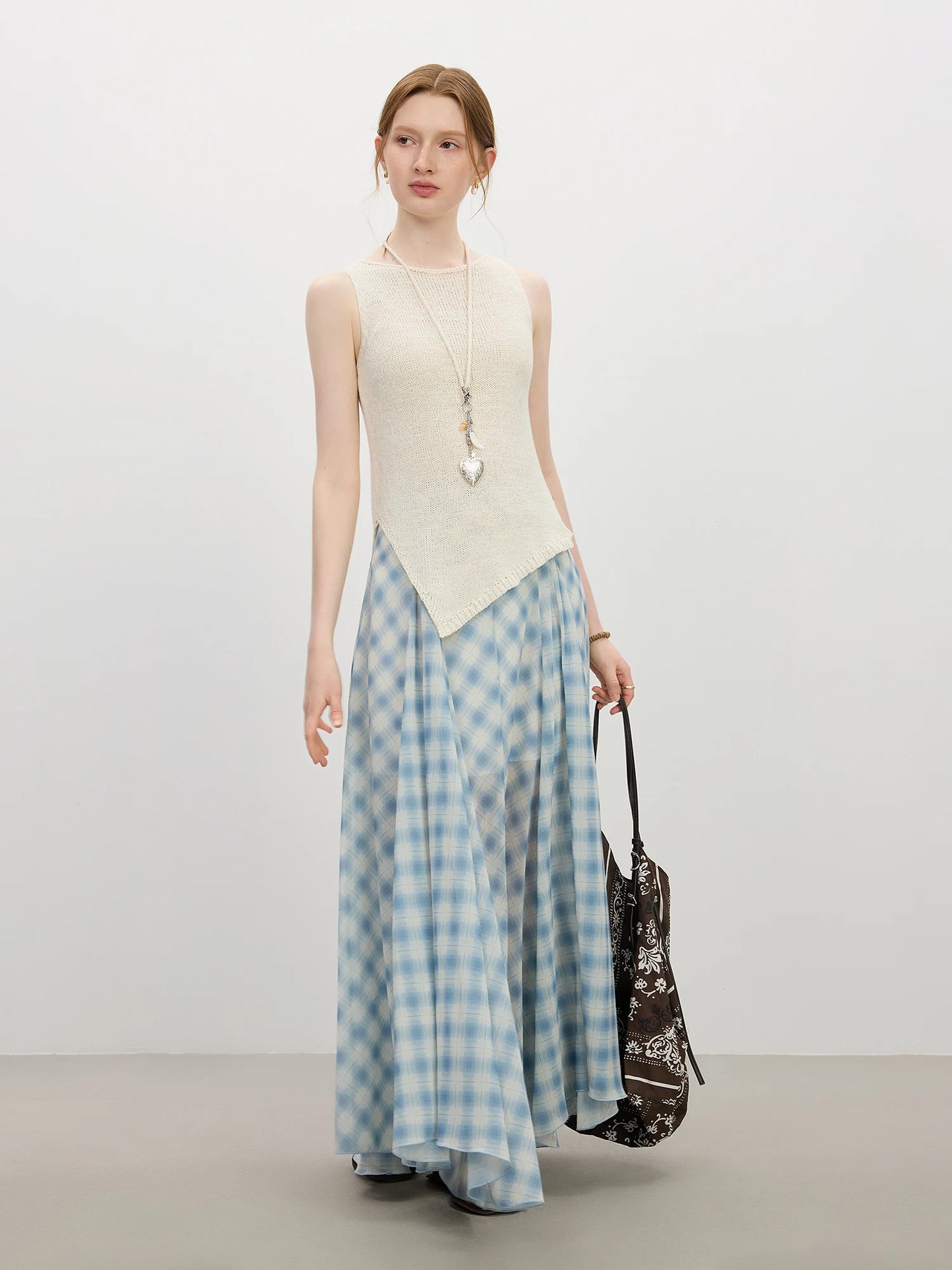 Women's Summer 2025 New Arrival Irregular A-line Hem Plaid Skirt Flowing Relaxed Fit Skirts 25FS12713