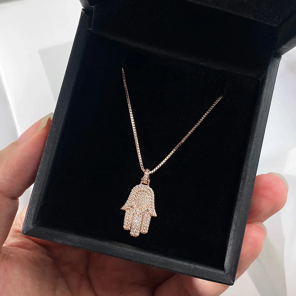 Hamsa Hand Real Moissanite Pendant Necklace for Men Women 925 Sterling Silver 18k Gold Plated Hiphop Fatima Necklace Jewelry