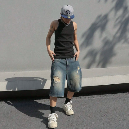 Men Summer Baggy Stretchy Denim Shorts Jeans For Men Streetwear Ripped Knee length Baggy Comfort Cargo Casual Shorts Pants Jean