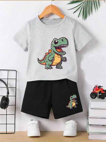 Boys' Durable Comfortable T-Rex Print Summer Set Cool Clothing Ensemble for Kids