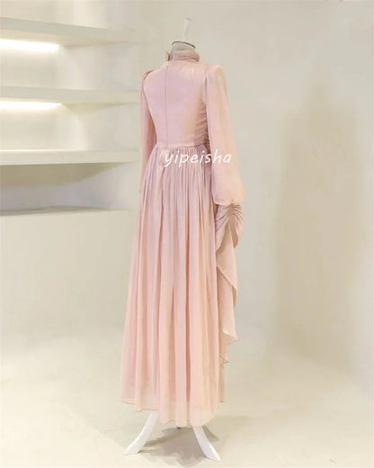 Customized Modern Style Intricate Pleat Ruched Draped A-line High Collar Long Dresses Bespoke Occasion Dresses Sizes Available