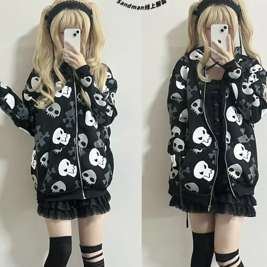 Spring style niche street fashion trend couple's new skull print hoodie long sleeved loose casual outdoor series hoodie