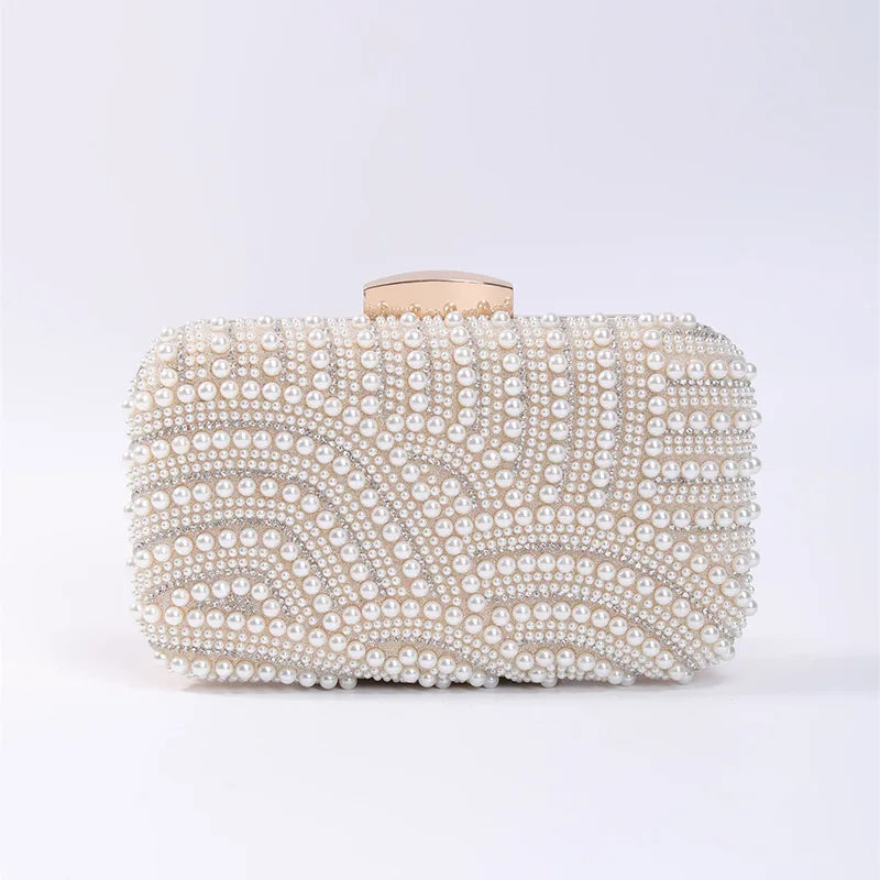 Ladies Pearl Elegant Evening Bag Fashionable Stylish Beading Wedding Dinner Party Banquet Dress Clutch Bag with Long Chain Purse