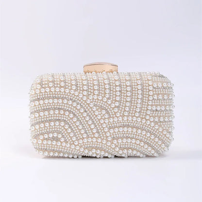 Ladies Pearl Elegant Evening Bag Fashionable Stylish Beading Wedding Dinner Party Banquet Dress Clutch Bag with Long Chain Purse