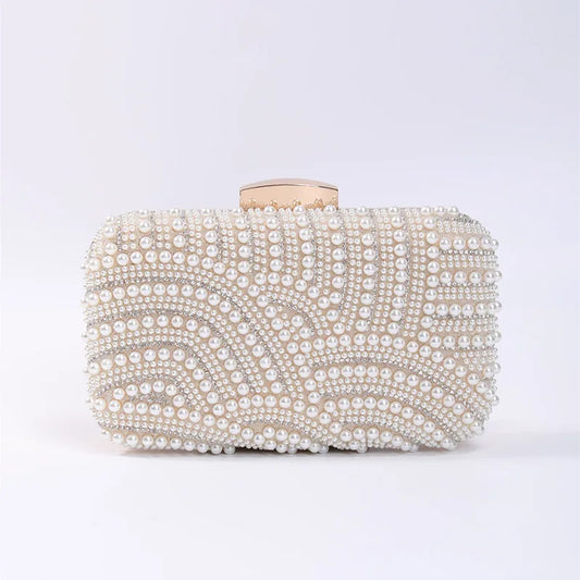 Ladies Pearl Elegant Evening Bag Fashionable Stylish Beading Wedding Dinner Party Banquet Dress Clutch Bag with Long Chain Purse