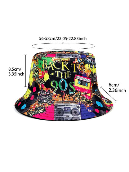 Fashion Retro Graffiti 80s 90s Bucket Hat for Men Women Funny Summer Spring Beach Fishing Hat Packable Outdoor Sun Fisherman Hat