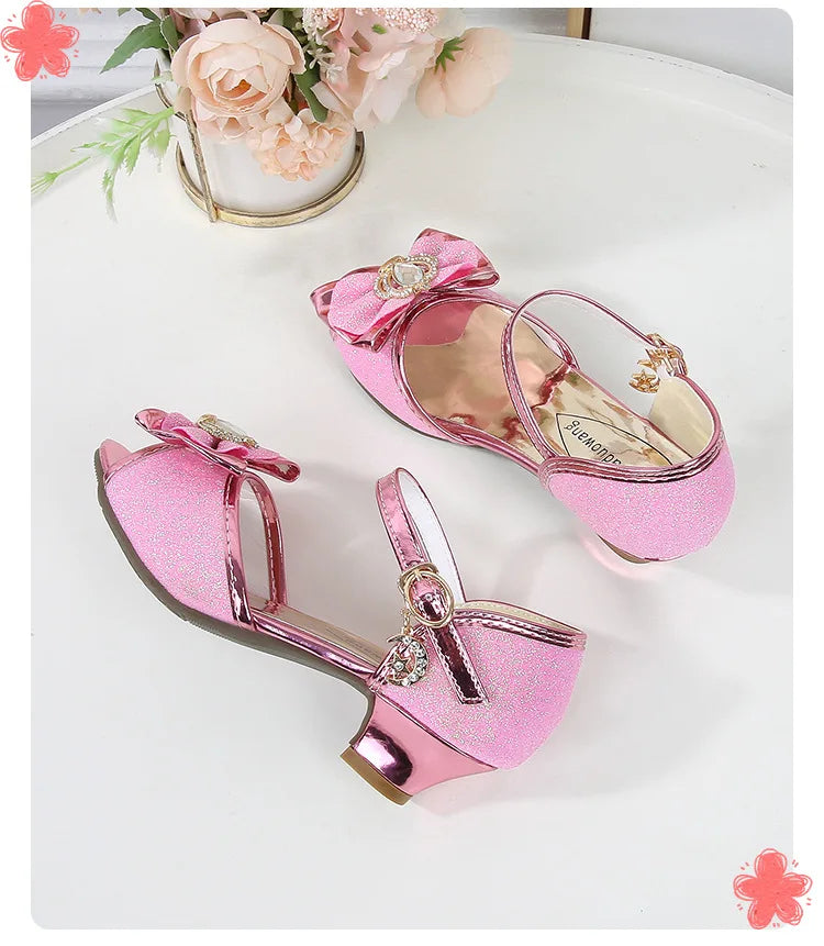 Girls Princess Sandals Summer Open-toe Elegant Children High Heels Fashion Sequins Crown Kids Causal Glitter Wedding Dress Shoes