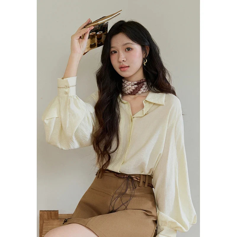 Women's Lapel Lantern Sleeve Shirts 2026 Spring Lace Trim Casual Loose Breathable Solid Shirt Office Lady MXF13C2436