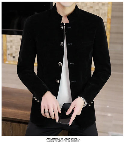Men's Light Luxury Golden Velvet Coat Youth Fashion Trend Solid Color Stand Collar MAO Suit Handsome Boutique Item