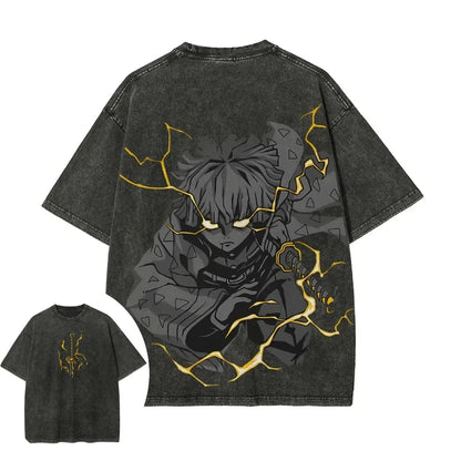 Demon Slayer Men's Women's Washed T-Shirt Zenitsu Agatsuma Summer Spring Anime Tee Retro Distressed High Quality Short Sleeve