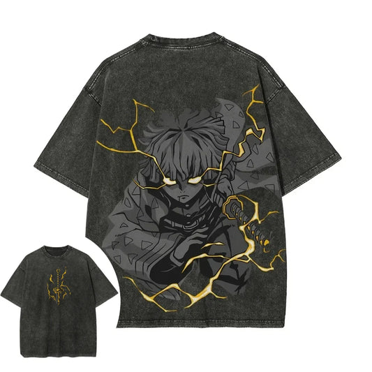Demon Slayer Men's Women's Washed T-Shirt Zenitsu Agatsuma Summer Spring Anime Tee Retro Distressed High Quality Short Sleeve