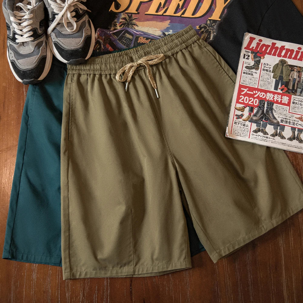 Vintage Khaki Straight Leg Shorts Men's Summer Casual Drawstring Waist Office Shorts Loose Fit Elastic Waist Bottom
